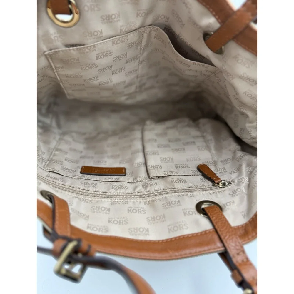 Michael Kors Jet Set MK Signature Jacquard Medium Tote Grab Bag Tan Neutral NEW‎